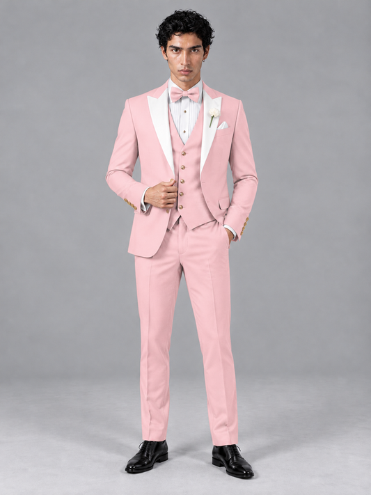 Savile Men's Pink Contrast White Peak Lapel 3-Piece Tuxedo Suit - Pink