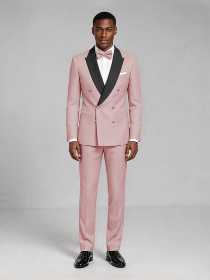 Men's Pink Double-Breasted Tuxedo Suit – Satin Shawl Lapel Pink-Tie Wedding & Gala 2-Piece Set - Pink