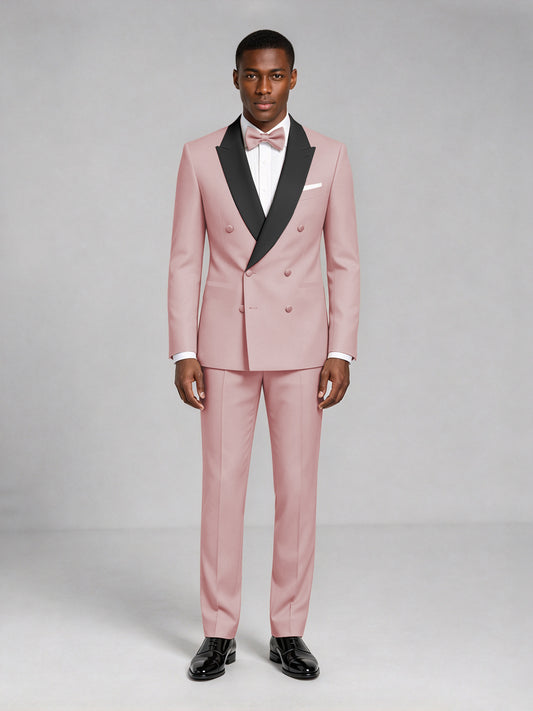 Men's Pink Double-Breasted Tuxedo Suit – Satin Shawl Lapel Pink-Tie Wedding & Gala 2-Piece Set - Pink