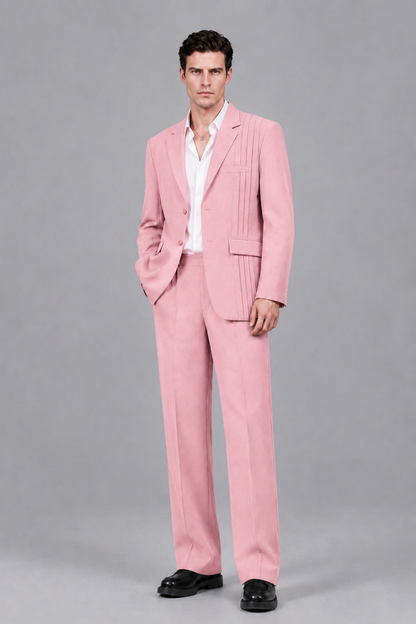 Savile Men's Pink Pleated 2-Piece Suit Set | Notch Lapel Blazer & Tailored Trousers - Pink - Pink_2