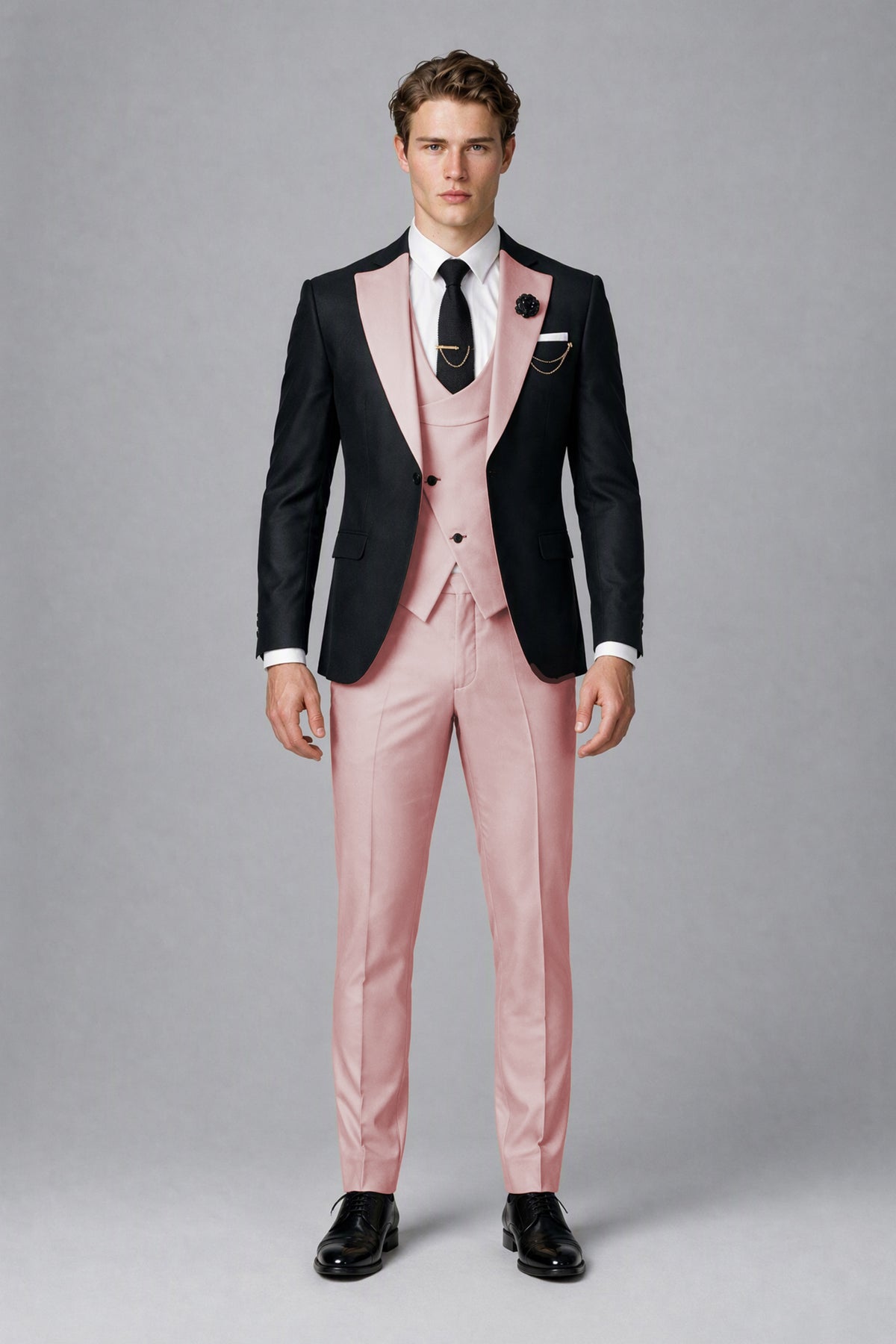 Savile Men's Black & Pink Three-Piece Wedding Suit - Pink