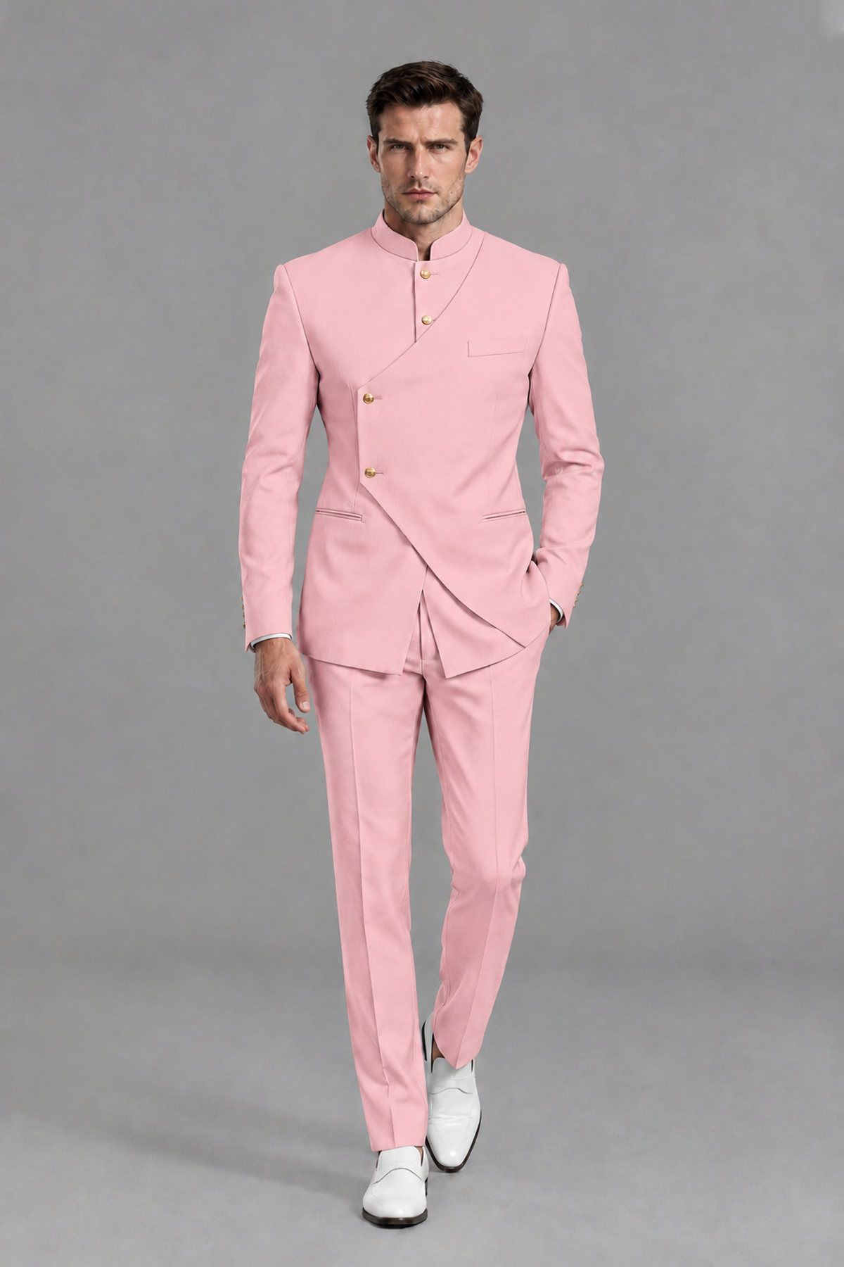 Savile Men's Pink Asymmetrical Mandarin Collar Tuxedo Suit – Modern 2-Piece Gold Button Wedding, Prom & Gala Set - Pink - Pink_2