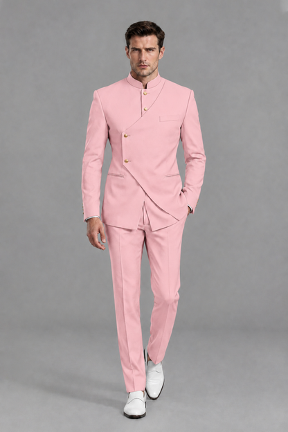 Savile Men's Pink Asymmetrical Mandarin Collar Tuxedo Suit – Modern 2-Piece Gold Button Wedding, Prom & Gala Set - Pink - Pink_2