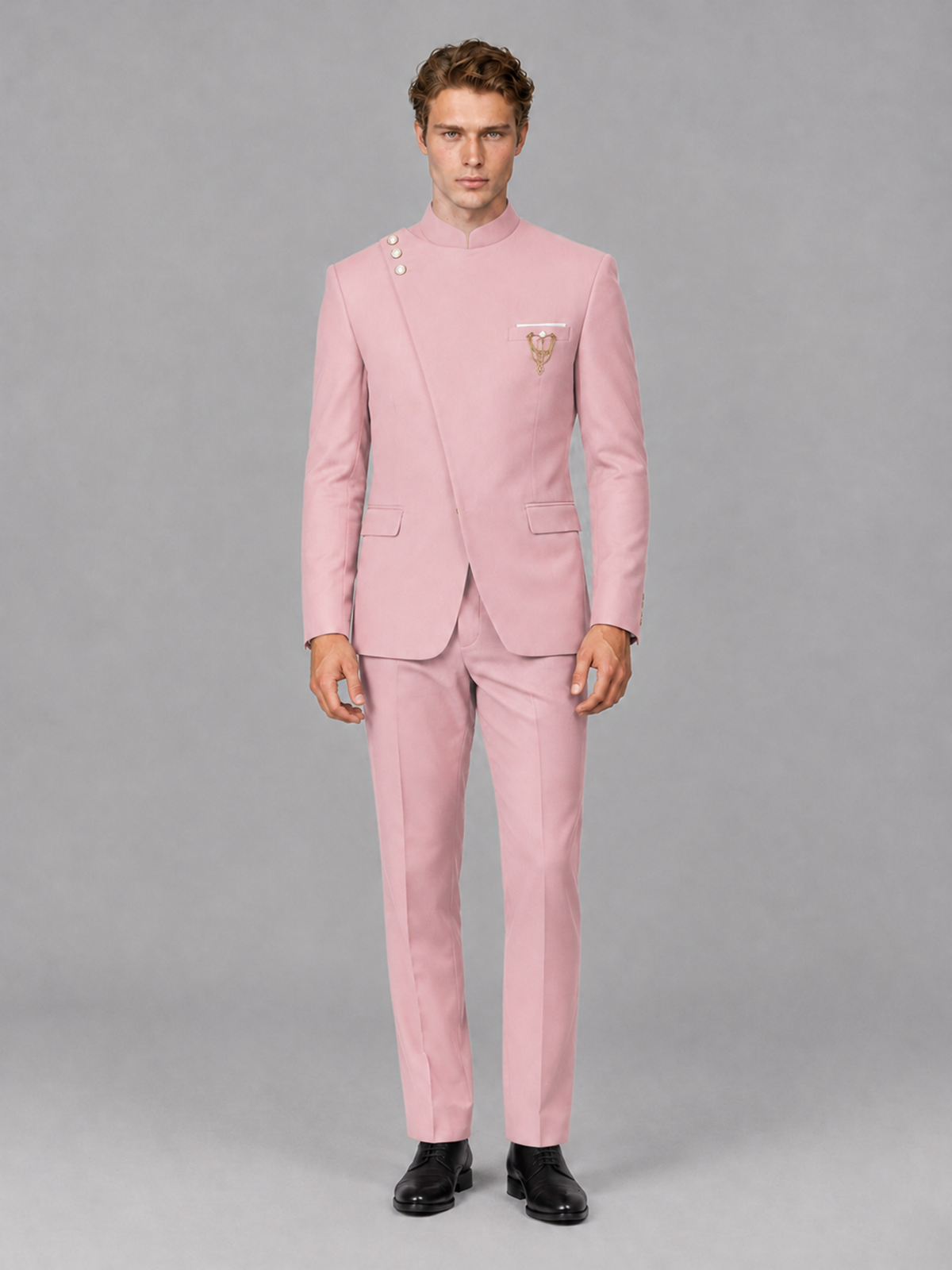 Savile Men's Pink Mandarin Collar Asymmetrical 2-Piece Suit Set – Modern Jacket & Trousers - Pink - Pink_2