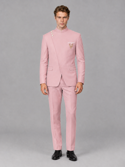 Savile Men's Pink Mandarin Collar Asymmetrical 2-Piece Suit Set – Modern Jacket & Trousers - Pink - Pink_2