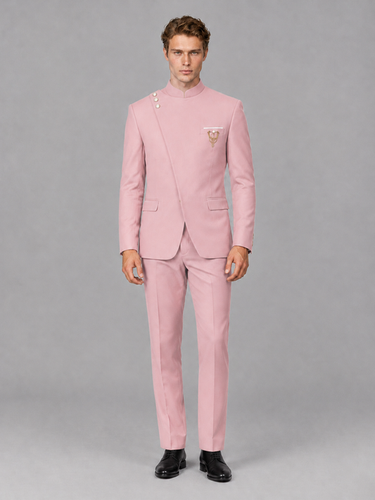 Savile Men's Pink Mandarin Collar Asymmetrical 2-Piece Suit Set – Modern Jacket & Trousers - Pink - Pink_2