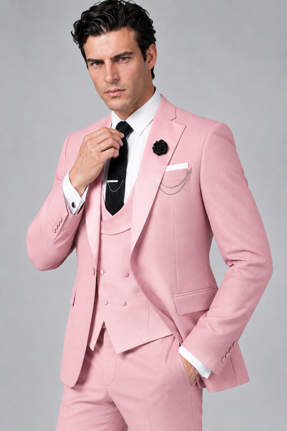 Savile Men's Pink 3-Piece Tuxedo Suit – Contrast Silver Peak Lapel & Grey Vest Formal Set - Pink - Pink_3