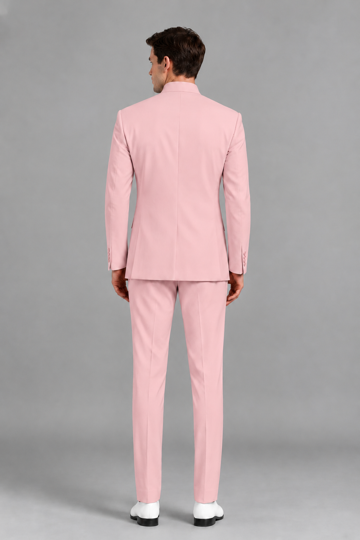 Savile Men's Pink Asymmetrical Mandarin Collar Tuxedo Suit – Modern 2-Piece Gold Button Wedding, Prom & Gala Set - Pink - Pink_3