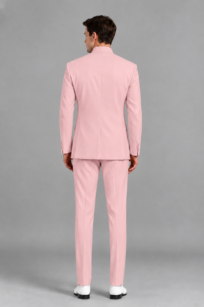 Savile Men's Pink Asymmetrical Mandarin Collar Tuxedo Suit – Modern 2-Piece Gold Button Wedding, Prom & Gala Set - Pink - Pink_3