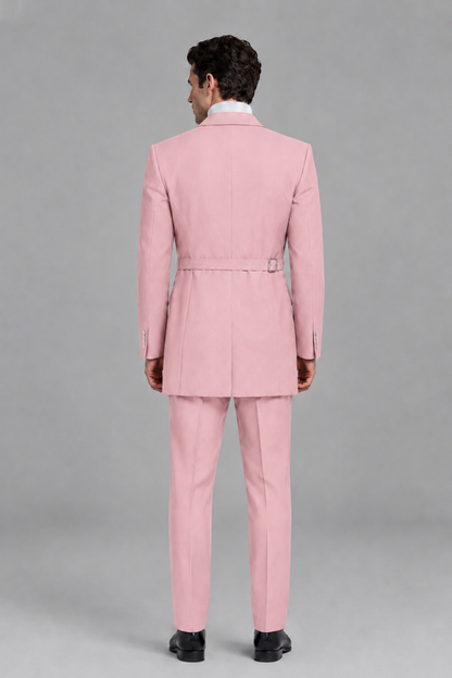 Savile Men's Pink Double Buckle Wrap Belted 2-Piece Suit Set – Peak Lapel Slim-Fit Jacket & Trousers - Pink - Pink_3