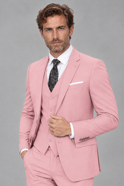 Savile Men's Pink 3-Piece Suit Set – Notch Lapel Blazer, Vest & Trousers - Pink - Pink_3