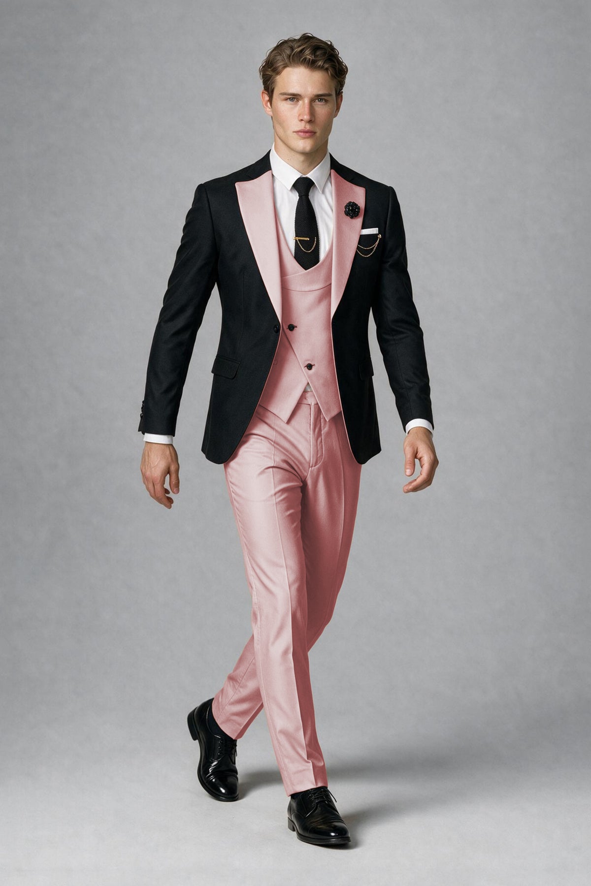 Savile Men's Black & Pink Three-Piece Wedding Suit - Pink