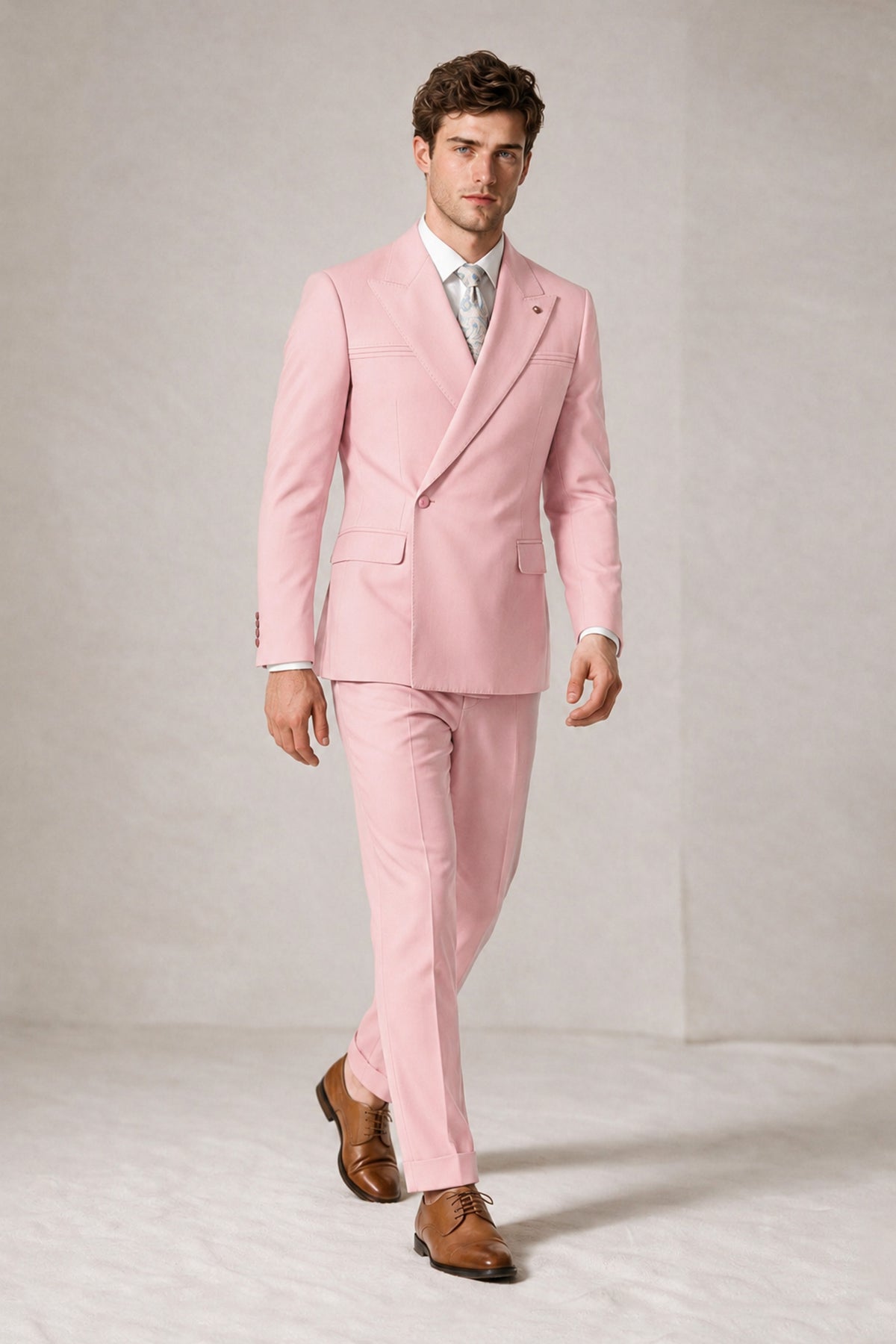 Savile Men's Pink Double-Breasted Slim Fit 2-Piece Suit Set – Peak Lapel Blazer & Cuffed Trousers | Wedding Prom Formal - Pink