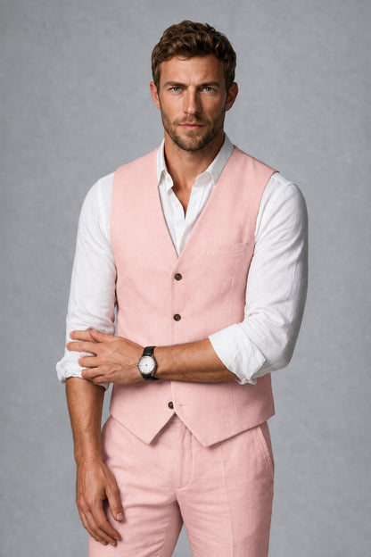 Men's Pink Linen Blend Single-Breasted V-Neck Suit Vest | Savile QX0101 - Pink