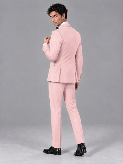 Savile Men's Pink Contrast White Peak Lapel 3-Piece Tuxedo Suit - Pink