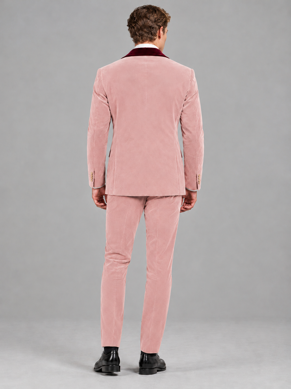 Savile Men's Pink Velvet Double-Breasted 2-Piece Tuxedo Suit with Burgundy Peak Lapel - Pink