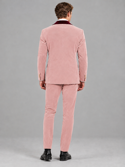 Savile Men's Pink Velvet Double-Breasted 2-Piece Tuxedo Suit with Burgundy Peak Lapel - Pink
