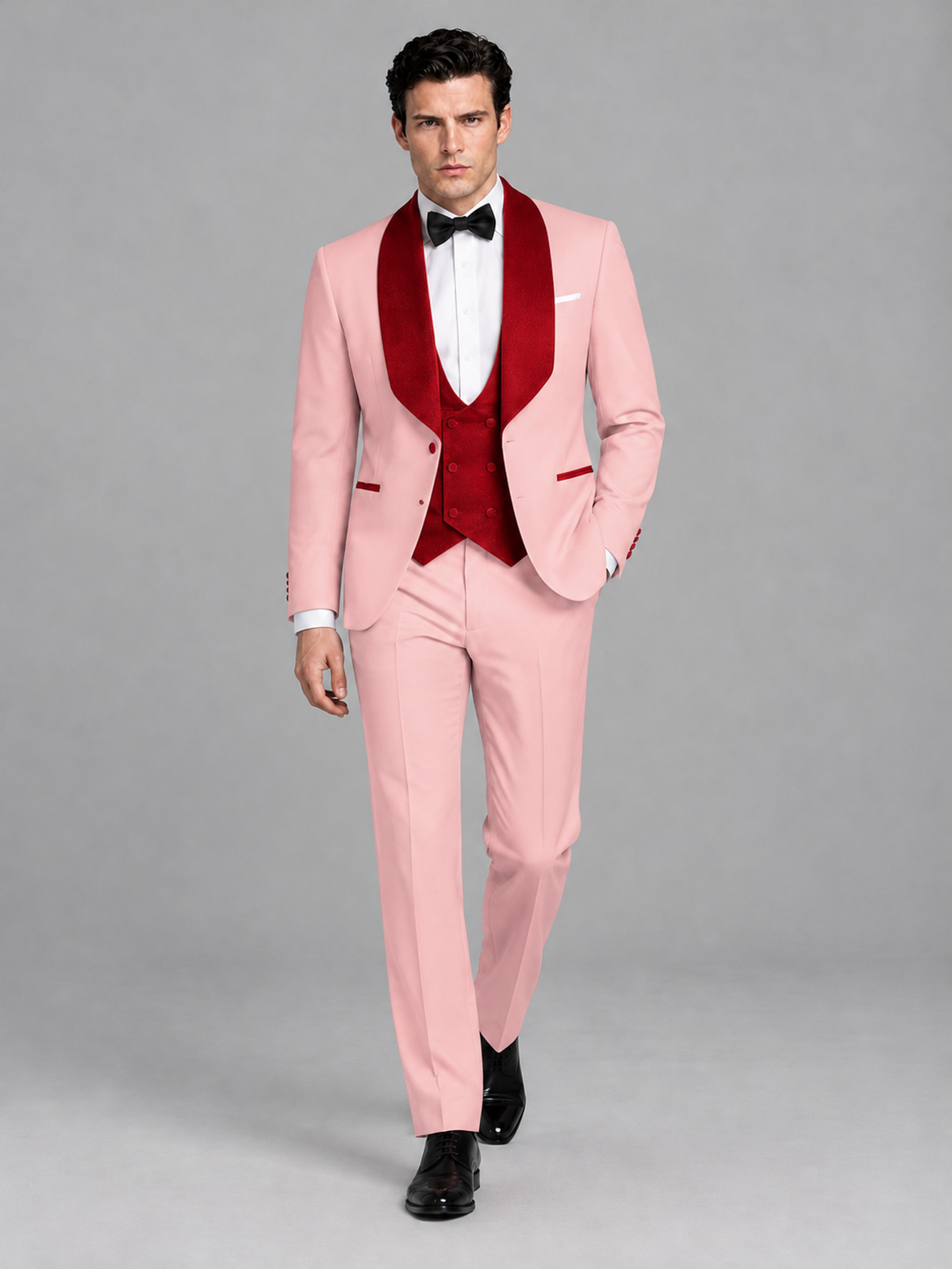 Savile Men's Pink 3-Piece Tuxedo Suit Set – Contrast Red Shawl Lapel Blazer, Red Waistcoat & Trousers - SUC020 - Pink