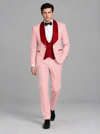 Savile Men's Pink 3-Piece Tuxedo Suit Set – Contrast Red Shawl Lapel Blazer, Red Waistcoat & Trousers - SUC020 - Pink