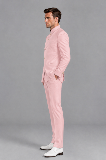 Savile Men's Pink Asymmetrical Mandarin Collar Tuxedo Suit – Modern 2-Piece Gold Button Wedding, Prom & Gala Set - Pink - Pink_4