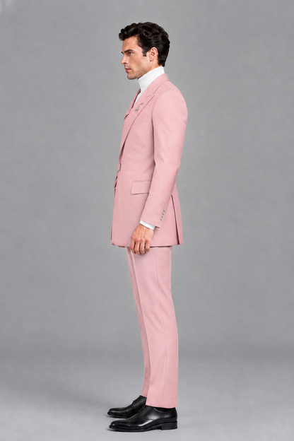 Savile Men's Pink Double Buckle Wrap Belted 2-Piece Suit Set – Peak Lapel Slim-Fit Jacket & Trousers - Pink - Pink_4