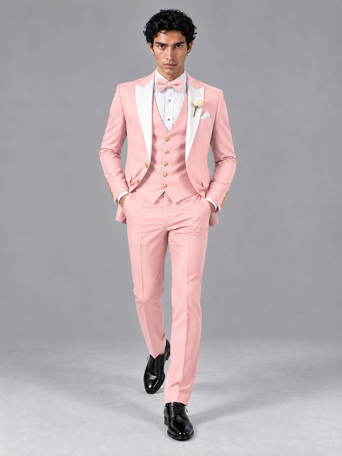 Savile Men's Pink Contrast White Peak Lapel 3-Piece Tuxedo Suit - Pink