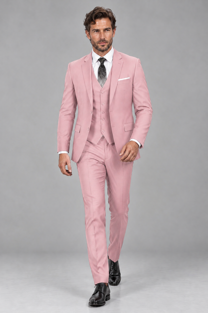 Savile Men's Pink 3-Piece Suit Set – Notch Lapel Blazer, Vest & Trousers - Pink - Pink_4