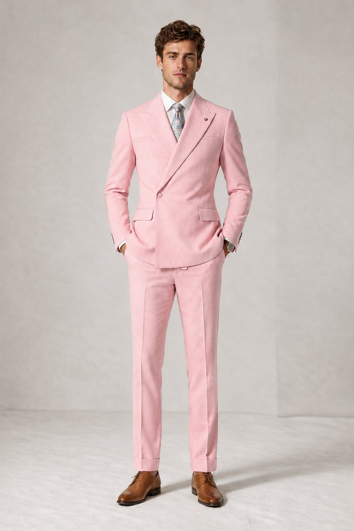 Savile Men's Pink Double-Breasted Slim Fit 2-Piece Suit Set – Peak Lapel Blazer & Cuffed Trousers | Wedding Prom Formal - Pink