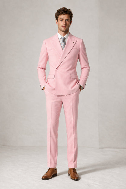 Savile Men's Pink Double-Breasted Slim Fit 2-Piece Suit Set – Peak Lapel Blazer & Cuffed Trousers | Wedding Prom Formal - Pink