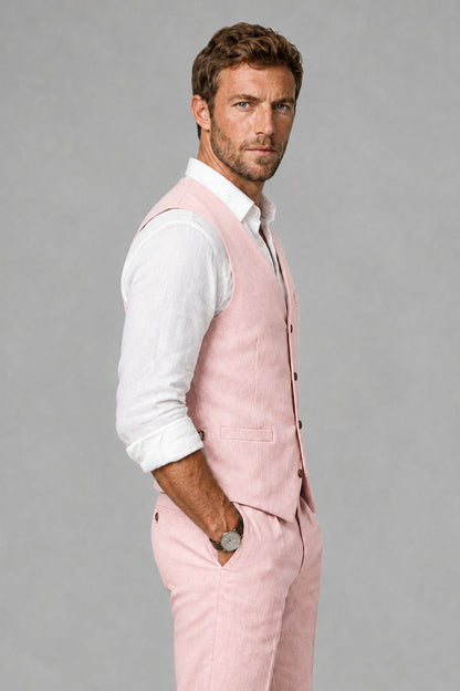 Men's Pink Linen Blend Single-Breasted V-Neck Suit Vest | Savile QX0101 - Pink