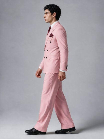 Savile Men's Pink Double-Breasted 2-Piece Suit Set – Peak Lapel Blazer & Pleated Wide-Leg Trousers - Pink - Pink_4