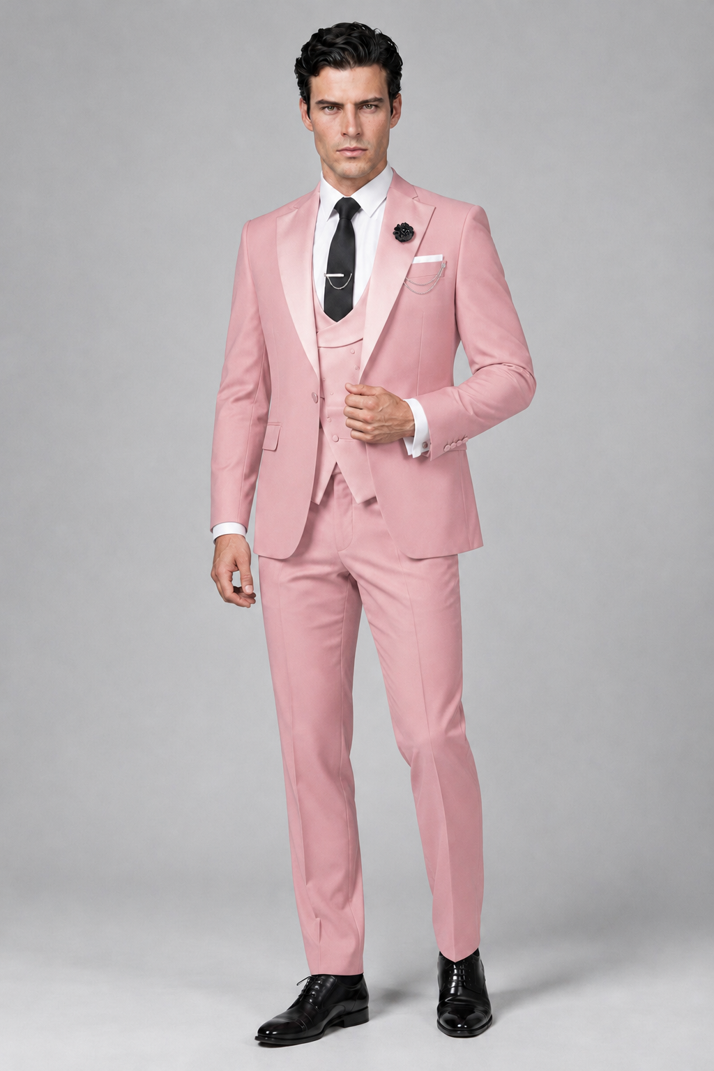 Savile Men's Pink 3-Piece Tuxedo Suit – Contrast Silver Peak Lapel & Grey Vest Formal Set - Pink - Pink_4