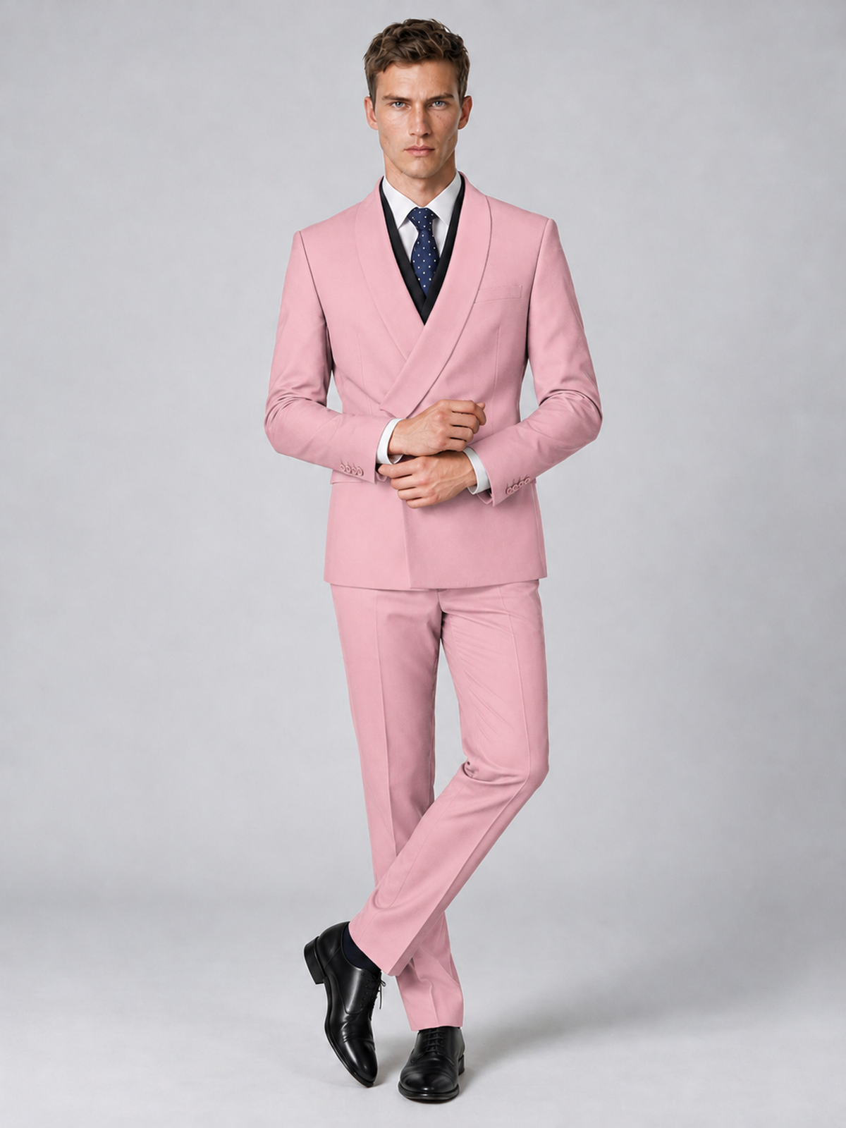 Savile Men's Pink Wrap Shawl Lapel 2-Piece Suit Set – Modern Jacket & Trousers - Pink - Pink_4