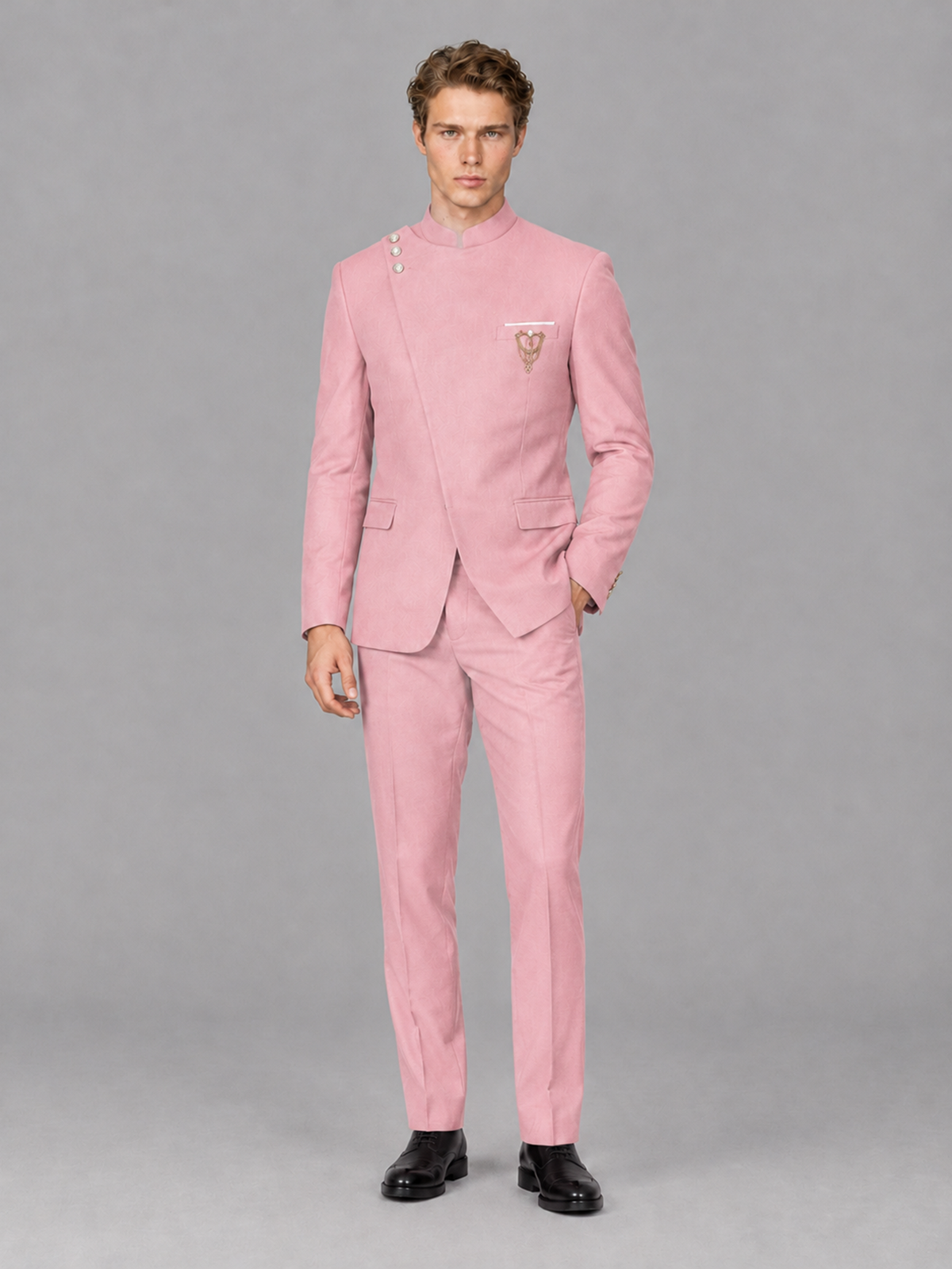 Savile Men's Pink Mandarin Collar Asymmetrical 2-Piece Suit Set – Modern Jacket & Trousers - Pink - Pink_4