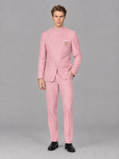 Savile Men's Pink Mandarin Collar Asymmetrical 2-Piece Suit Set – Modern Jacket & Trousers - Pink - Pink_4