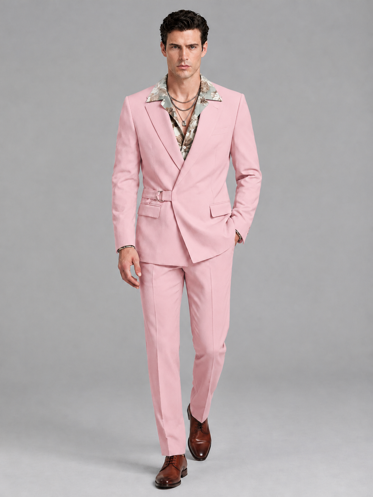 Savile Men's Pink Belted Wrap 2-Piece Suit – Peak Lapel Blazer & Tailored Trousers - SUC060 - Pink - Pink_4