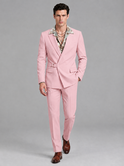 Savile Men's Pink Belted Wrap 2-Piece Suit – Peak Lapel Blazer & Tailored Trousers - SUC060 - Pink - Pink_4