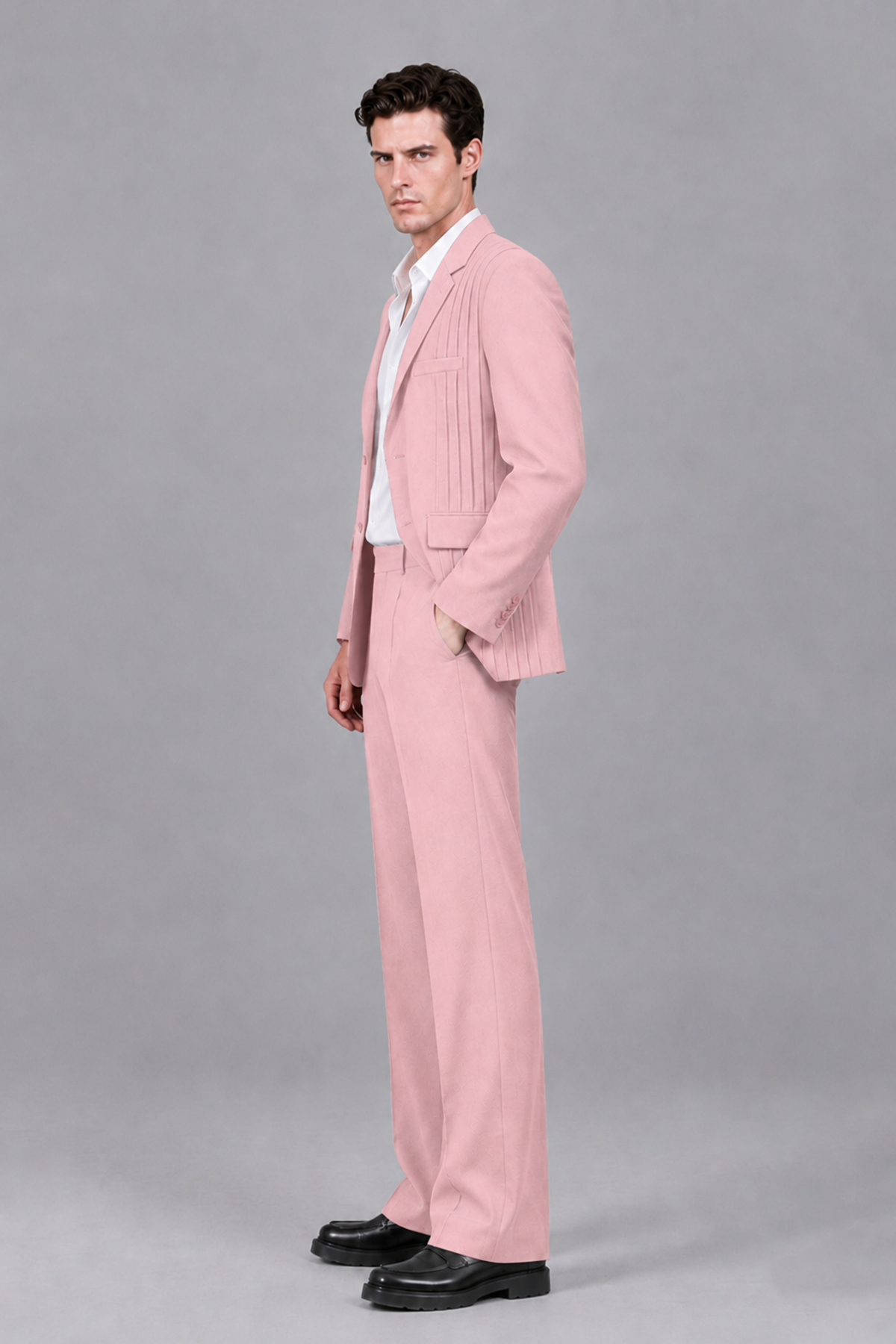 Savile Men's Pink Pleated 2-Piece Suit Set | Notch Lapel Blazer & Tailored Trousers - Pink - Pink_4