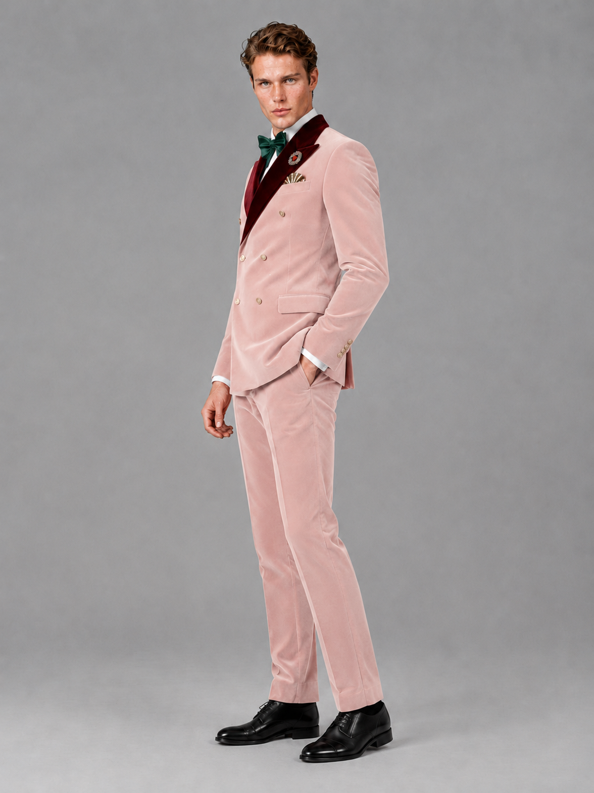 Savile Men's Pink Velvet Double-Breasted 2-Piece Tuxedo Suit with Burgundy Peak Lapel - Pink