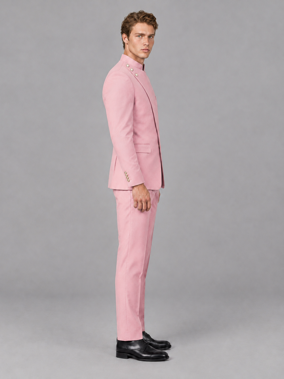 Savile Men's Pink Mandarin Collar Asymmetrical 2-Piece Suit Set – Modern Jacket & Trousers - Pink - Pink_5