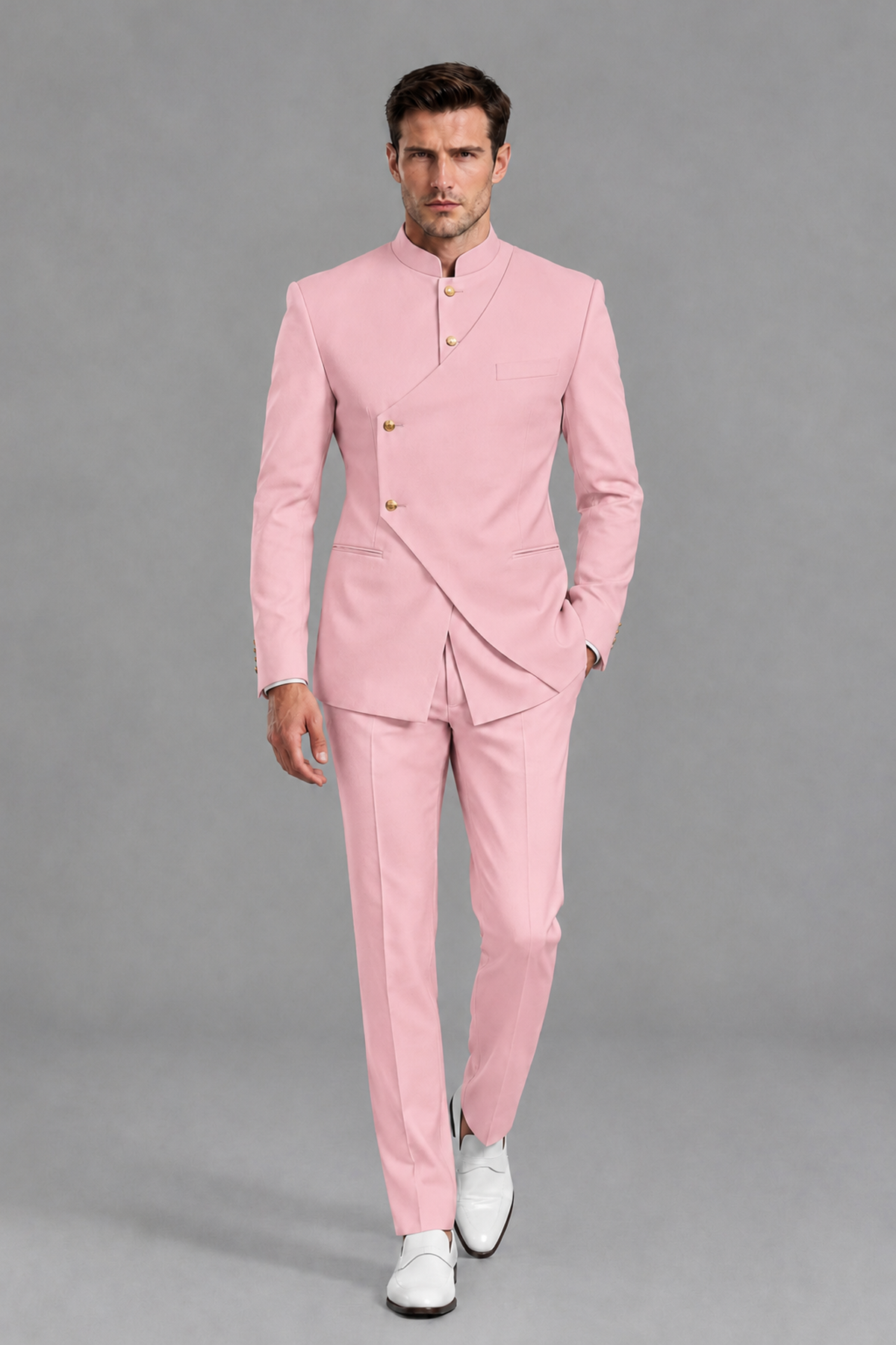 Savile Men's Pink Asymmetrical Mandarin Collar Tuxedo Suit – Modern 2-Piece Gold Button Wedding, Prom & Gala Set - Pink - Pink_5