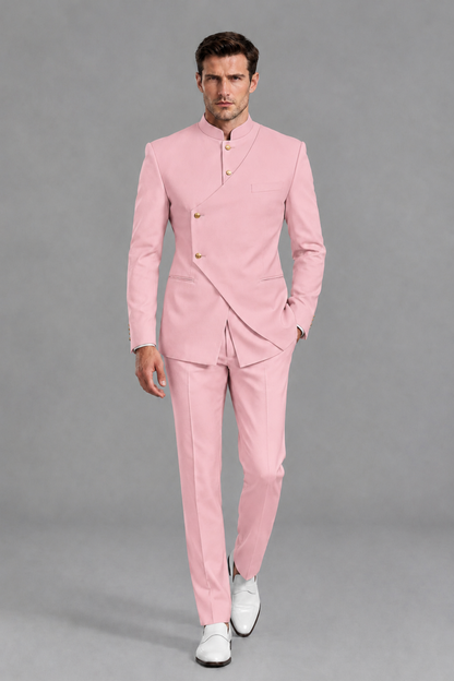 Savile Men's Pink Asymmetrical Mandarin Collar Tuxedo Suit – Modern 2-Piece Gold Button Wedding, Prom & Gala Set - Pink - Pink_5