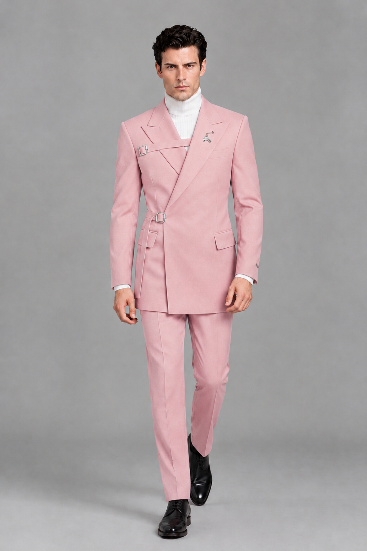 Savile Men's Pink Double Buckle Wrap Belted 2-Piece Suit Set – Peak Lapel Slim-Fit Jacket & Trousers - Pink - Pink_5