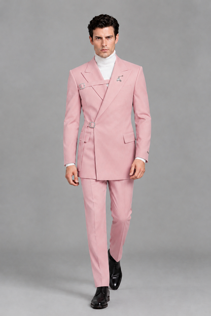 Savile Men's Pink Double Buckle Wrap Belted 2-Piece Suit Set – Peak Lapel Slim-Fit Jacket & Trousers - Pink - Pink_5