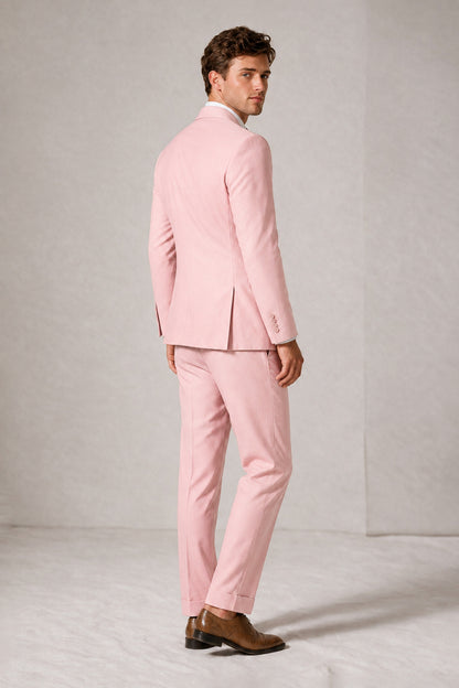 Savile Men's Pink Double-Breasted Slim Fit 2-Piece Suit Set – Peak Lapel Blazer & Cuffed Trousers | Wedding Prom Formal - Pink