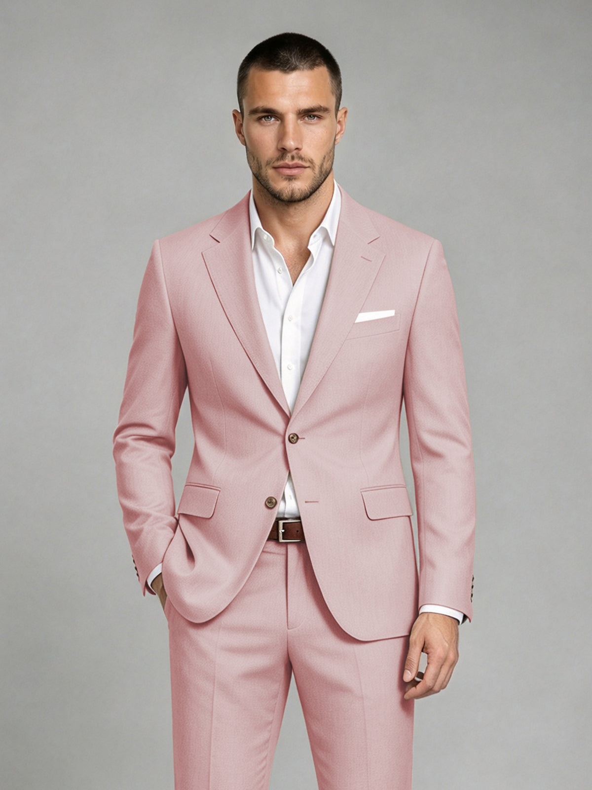 Savile Men's Dark Pink Wool-Blend 2-Piece Suit Set – Two-Button Notch Lapel Slim-Fit Blazer & Turn-Up Trousers - Pink