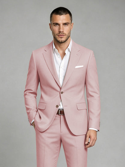 Savile Men's Dark Pink Wool-Blend 2-Piece Suit Set – Two-Button Notch Lapel Slim-Fit Blazer & Turn-Up Trousers - Pink