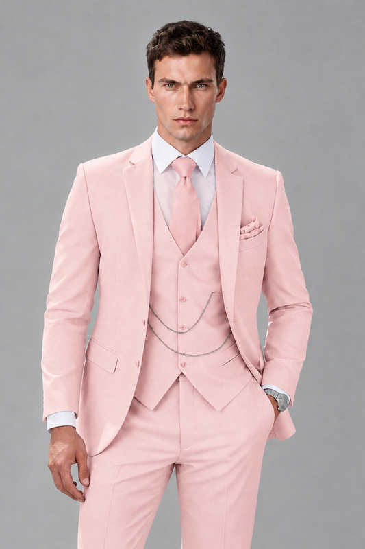 Savile Pink 3-Piece Suit with Notch Lapel & Chain Vest - Pink