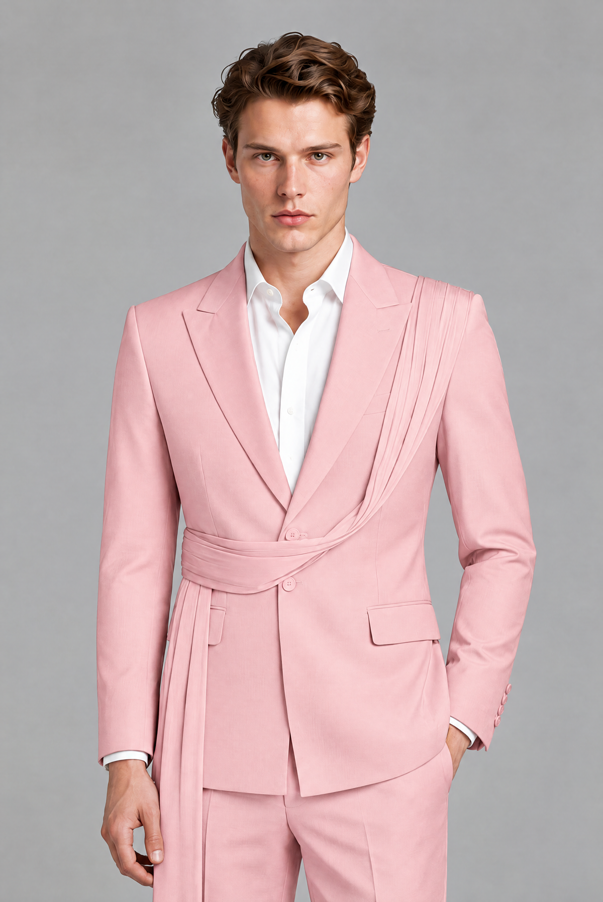 Men's Pink Draped Sash Suit – Peak Lapel 2-Piece Slim Fit Party, Gala & Wedding Set - Pink