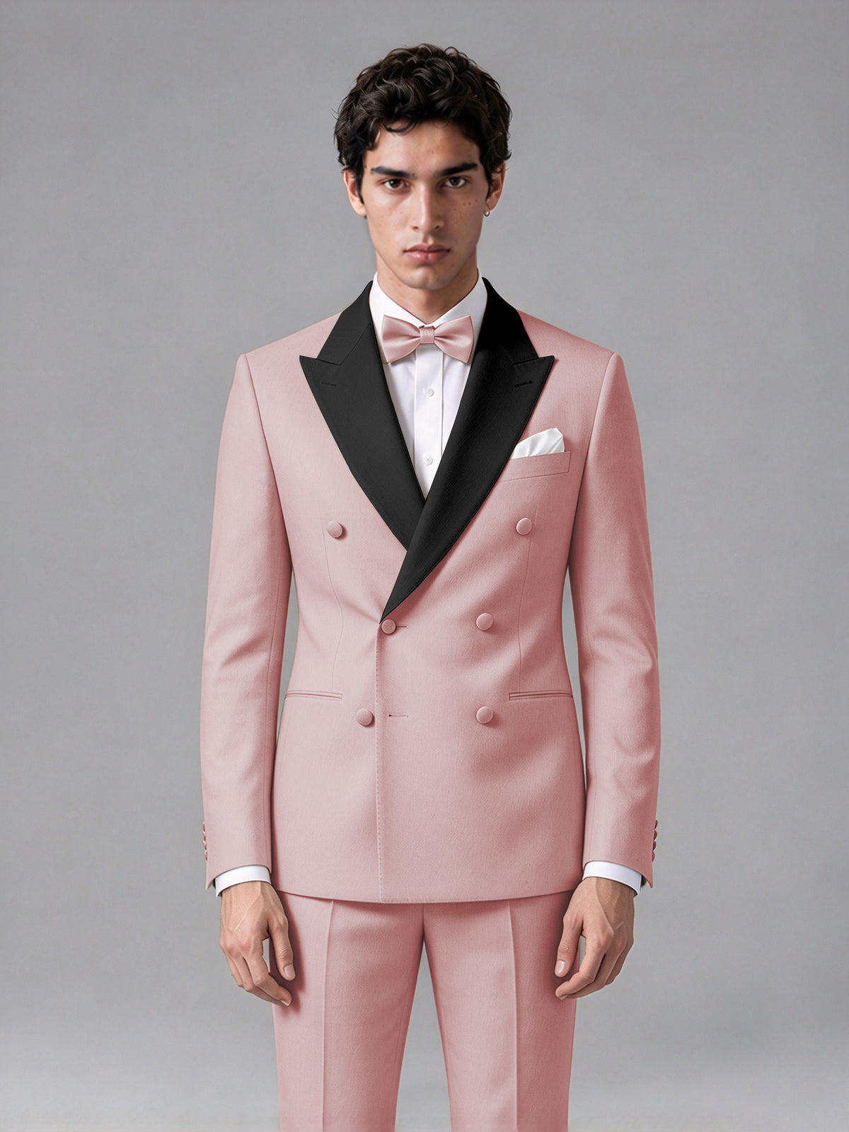 Men's Pink Double-Breasted Satin Peak Lapel Tuxedo Suit Set (Jacket + Trousers) - Pink